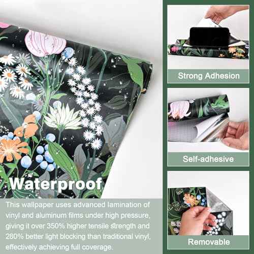 Tomete Boho Vintage Peel and Stick Wallpaper, Floral Wallpaper, Dark Green Black Flower Contact Paper for Cabinets and Drawers, Retro Renter Friendly Sticker, Waterproof, Self Adhesive, Removable
