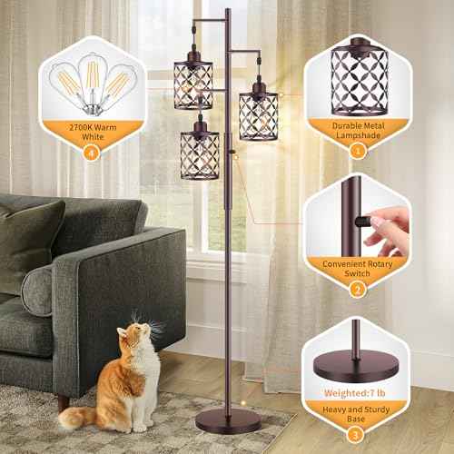68" Dimmable Floor Lamp, Farmhouse Standing Lamp with Elegant Metal Cage, Industrial Tall Tree Floor Lamps for Living Room, Bedroom, Study Room, Office (2000LM LED Bulbs Included) - Brown