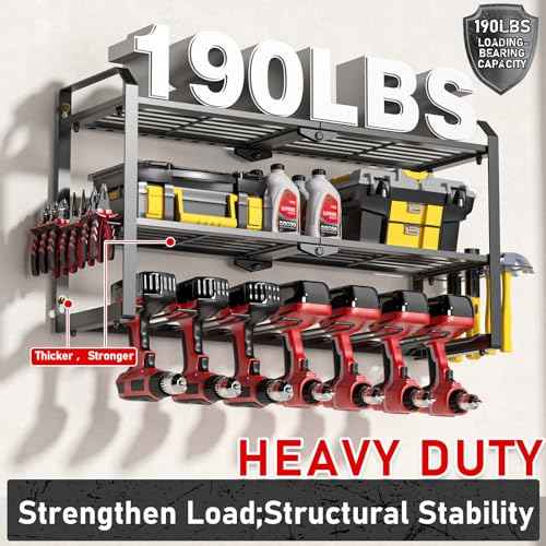 Power Tool Organizer Wall Mount, Upgraded 7 Drill Holder Wall Mount, Large 3-tier Cordless Tool Organizer & Storage Rack, Tool Shelf with Screwdriver/Plier/Hammer Holder, Men's Present (Black)