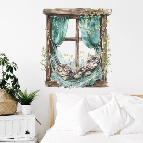 BooDecal 19.6 x 22.4 inches Cute Lazy Cats Fake Wooden Window Removable Wall Decals Flowers Wall Stickers for Childrens Playroom Nursery Bathroom