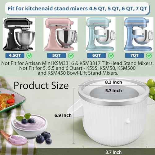 Ice Cream Maker Attachment for KitchenAid Stand Mixer, Ice Cream Bowl Fit for 4.5Qt and Larger Stand Mixers, Ice Cream & Sorbet Gelato Maker Attachment, 2 Quart, White