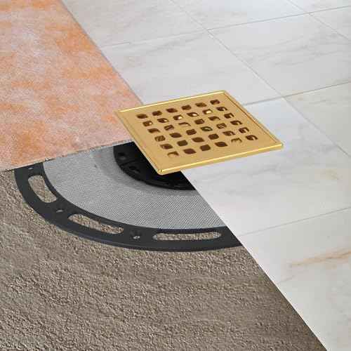 Square Shower Drain, 4-Inch Polished Gold Kit with Bonding Flange, Removable Stainless Steel Grate, Drain Key & Hair Strainer, Fits 2" & 3" Pipes for Tiled Floors