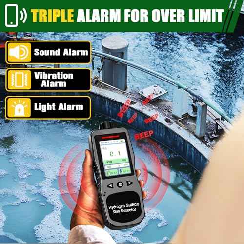 H2S Monitor Clip On, 0-100 PPM H2S Detector, Portable Hydrogen Sulfide Detector with 3 Alarm Modes, 16H Long Battery Life, H2S Air Quality Meter with Temp & Humidity Tester