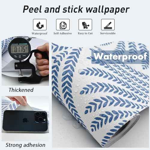 Cohoo Home Blue and White Peel and Stick Wallpaper Modern Navy Blue Contact Paper for Cabinets Drawers Boho Self-Adhesive Wallpaper Geometric Contact Paper Bathroom Bedroom Waterproof 17.3inW 78.7inL