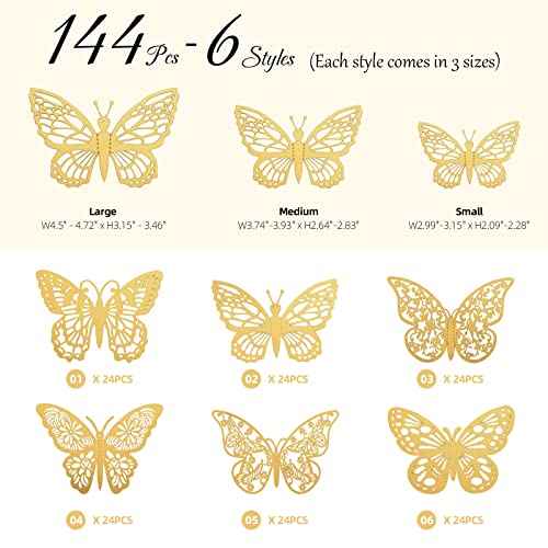 144 Pcs Gold Butterfly Wall Decor, 3D Butterfly Stickers 6 Styles and 3 Sizes, Removable Mural Stickers Metallic Butterflies Decorations for Walls