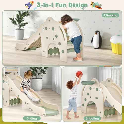 BABY JOY Toddler Slide, Elephant Shape Large Slide for Kids with Basketball Hoop, Buffer Zone & Non-Slip Steps, Freestanding Kids Slide Set for Indoors Boys Girls Over 18 Months Old Gifts Present
