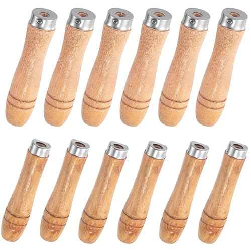 12Pcs Wood File Handles, 6Pcs Large Wood Handle for 10"-12" File and 6Pcs Medium Wood Handle for 6"-8" File, Screwdriver Hand Drill File Handle with Metal Collars, Round Hole Small Wooden Handle