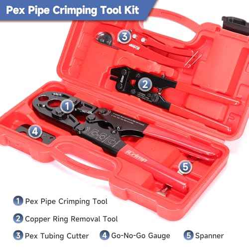 iCrimp Combo Pex Pipe Crimping Tool Kit for 1/2 and 3/4-inch Copper Ring, meets ASTM 1807, Copper Ring Crimper, Removal Tool and Pex Tubing Cutter