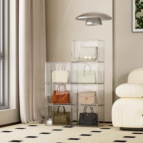 Purse Organizer for Closet, Clear Acrylic Display Case for Handbag Organizer, Stackable Purse Storage Box with Magnetic Door, Plastic Holder Containers for Book, Collectibles, Cosmetic 3 Pack