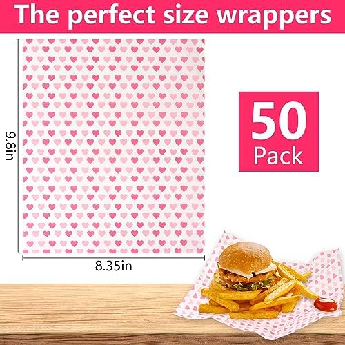 MIDELONG 50PCS Wax Paper Sheets Food Wrapping Paper Greaseproof Waterproof Dry Waxed Deli Wraps Paper Sheets Non-Stick Liners Tissue for Bread Sandwich Burger,Heart Love Style