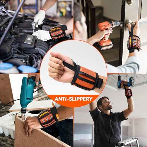 Magnetic Wristband With Coiled Lanyard, Lightweight Nylon Support Wrist With Strong Magnets, Christmas Stocking Stuffers for Men Adults, Gifts for Men, Dad, Orange, 2pcs
