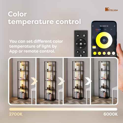 LED Floor Lamp with Shelves, Shelf Lamp with Remote for Bedroom and Living Room, Corner Display Floor Lamps with Storage, Modern Dimmable Floor Lamp with 5-Tier Open Shelve (Black)