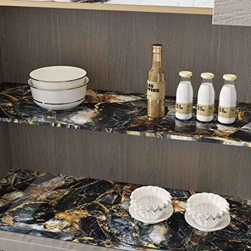 CRE8TIVE Glossy Slate Gold Marble Contact Paper Marble Wallpaper Peel and Stick Countertops for Kitchen Waterproof Self Adhesive Removable Marble Vinyl Paper for Counter Top Cabinets Shelves 12"x80"