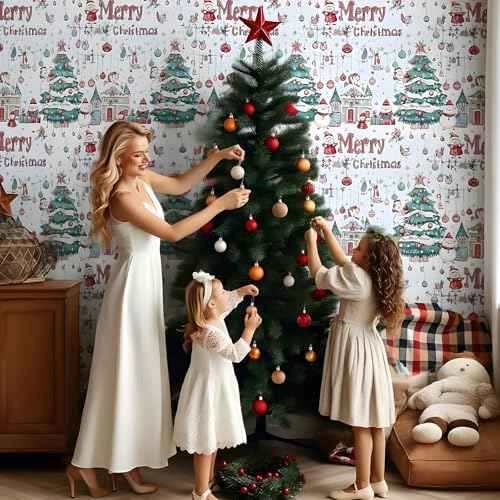 Vinjiasin Christmas Peel and Stick Wallpaper, Self Adhesive Removable Wallpaper, Thicken Christmas Contact Paper for Bedroom Walls Living Room Window Fireplace Decoration(17.3"x 118")