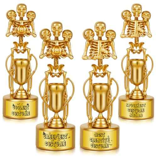 Halloween Trophy Awards 4 Pack Gold Best Costume Skeleton Trophies for Halloween Medals Party Favor Prizes, Trick or Treat, Costume Contest, School Classroom Rewards