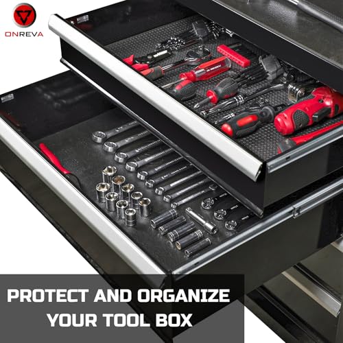 ONREVA Tool Box Liner 24 inch Wide x 12 ft Large, Thick Heavy Duty Toolbox Drawer Liners, Rolling Tool Chest Foam Mat, Shelf Rubber Mat, Black Non-Slip Organizer Pad for Cabinet, Workbench