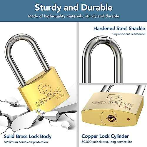 DELSWIN Weatherproof Padlock with Key (Keyed Alike) - Heavy Duty Solid Brass Locker Lock with 1-9/16" Long Shackle, Marine Grade Pad Lock for Outdoor Gate, Fence, Shed (4 Pack)