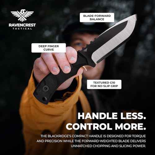 RavenCrest Tactical Blackridge Fixed Blade Knife ? Full Tang D2 Steel ? Blade-Heavy Design ? Stonewashed Finish ? Compact G10 Handle ? Kydex Sheath with Tek Lok