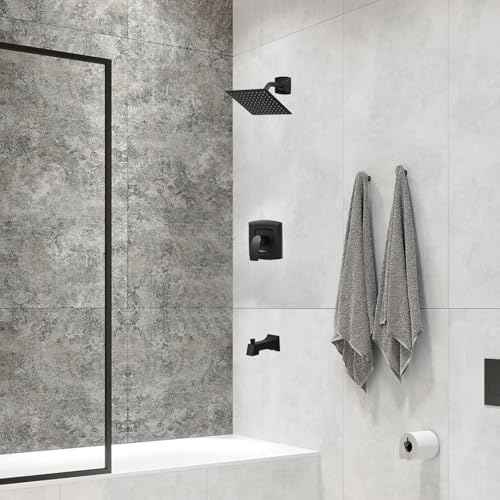 Tub Shower Faucet, Matte Black Shower Faucet Set with 8-Inch Square Rain Shower Head and Tub Spout, Brass Shower System Bathtub Shower Faucet Set Complete, Tub shower faucet set with valve