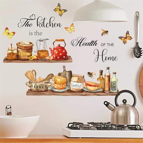 Bowl Kitchenware Utensil Shelf Wall Stickers, sacinora The Kitchen is the Heart of Home Butterfly Bee Wall Decal Removable Vinyl Peel and Stick for Kitchen Dining Restaurant Baking Room Bar Home Decor