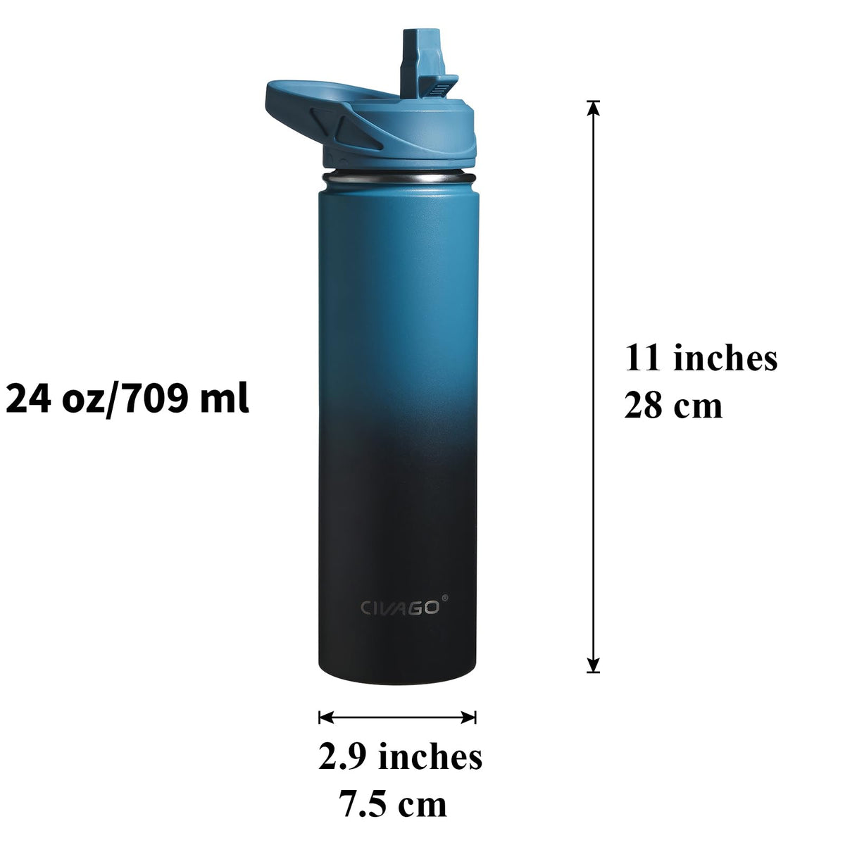 CIVAGO 24 oz Insulated Water Bottle With Straw, Stainless Steel Sports Water Flask Cup with 3 Lids (Straw, Spout and Handle Lid), Double Walled Travel Thermal Canteen Mug, Indigo Black