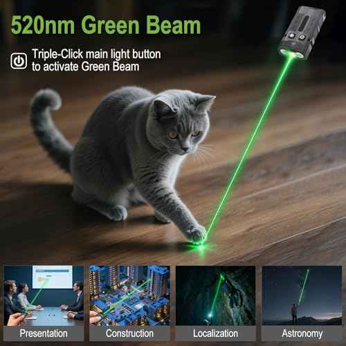 BORUIT EV20L LED Rechargeable Small EDC Flashlight with Green Beam,Pocket Keychain Flashlights with RGB Side Light,IP66 Waterproof,Clip & Tail Magnet for Outdoors Emergency Camping,Aluminum Black