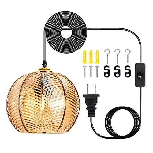 Plug in Glass Pendant Light Mid-Century Modern Striped Amber Glass Hanging Ceiling Lighting Fixture with 14.7FT Cord, Globe Decor Chandelier For Living Room, Bedroom, Dining Hall, Kitchen (Amber)