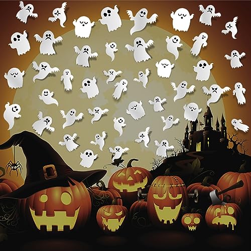 3D Halloween Ghost Stickers - 42 Pcs Reusable Self-Adhesive White Decals for Wall Decorations - Party Supplies for Gothic Home Window Door Room Decor