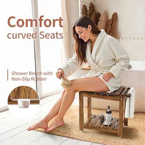 Shower Benches for Inside Shower to Sit on, Acacia Wood Bathroom Bench with Storage, Waterproof Shower Seat for Inside Shower, with Handles & Shower Head Holder, No-Slip