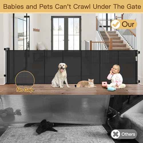 Reinforced Bottom 100 Inch Retractable Baby Gates Extra Wide Baby Gate for Large Openings, 8 ft Super Long Child Gates for Large Openings, Mesh Retractable Dog Gate for Doorways Extra Wide, Black