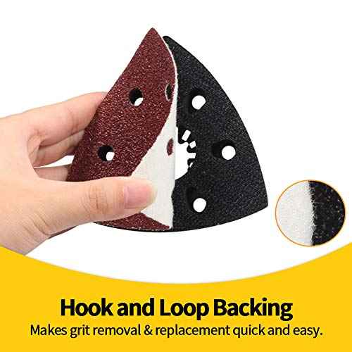 SPEEDWOX 50 Pcs Triangle Sanding Pads Hook and Loop 40 Grit Oscillating Sanding Pad 90mm 6 Holes Fit 3-1/2 Inches Oscillating Multi Tool Detail Sander Sandpaper Triangle Sanding Discs Sanding Tool