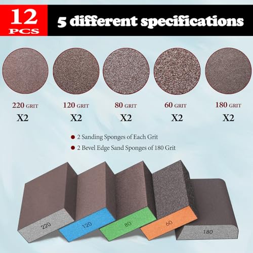 10 Sheets Sanding Blocks, Washable and Reusable Sanding Sponge for Wood Drywall Metal Glass Coarse/Medium/Fine 60/80/120/180/220 Grit Sandpaper Block