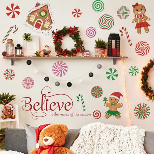 Runtoo Christmas Wall Decals Merry Christmas Peppermint Candy Cane Gingerbread Xmas Quotes Ornaments Window Clings Removable DIY Holiday Glass Floor Sticker Bedroom Door Decor