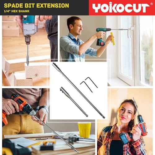 Drill Bit Extension Set, 6 and 12 Inches 1/4 Hex Shank Extension for Spade Bits, 2X Hex Key Included, Wood Spade Drill Bit Extension