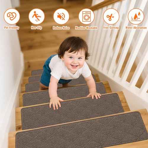 Stair Treads Non-Slip for Wooden Steps, 15Pack - 8" x 30" Edging Stair Runner Indoor for Kids Elders & Pets, Washable Carpet Stair Treads with Peel & Stick Reusable TPE Backing, Brown
