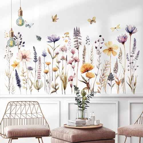 Wildflower Wall Decals Wall Decor Boho Flower Stickers, Dandelion Grass Wall Art Murals, 3D Flower Pattern Self-Adhesive Wall Stickers for Girls Bedroom Living Room Nursery Decor