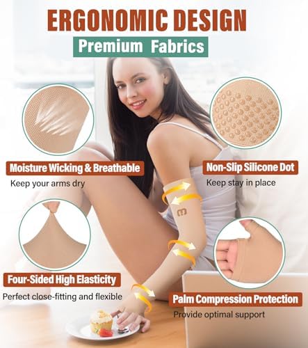 MGANG Lymphedema Compression Arm Sleeve with Gauntlet for Women Men, Opaque, 15-20 mmHg Medical Graduated Compression Full Arm Support, Thumb Lymph Edema Arm Sleeve, Pain Relief, Arthritis, Beige M