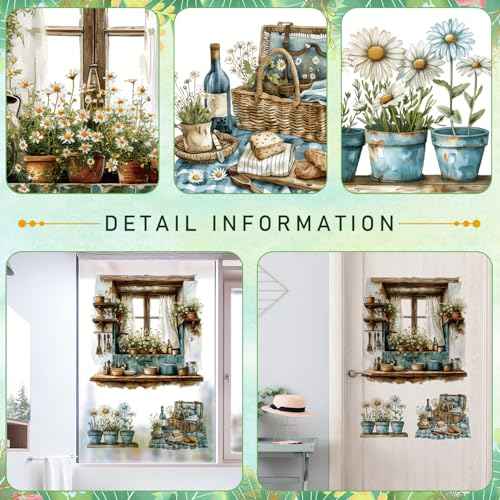 3D Fake Window Wall Stickers Green Plant Potted Wall Decals Daisy Green Leaf Wall Art Natural Scenery Wildflower Blossom Vinyl Removable Wall Mural for Kids Bedroom Kitchen Home Decoration 026