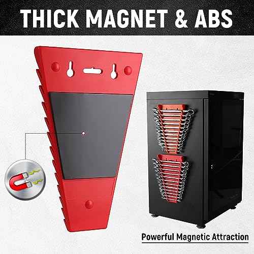 ALOANES 48-Slot Magnetic Wrench Organizer, Wrench Organizer Tray for Tool Box&Wall Mounted, Wrench Holder Fit SAE & Metric Wrench Storage, 4 Pack(Red&Blue)