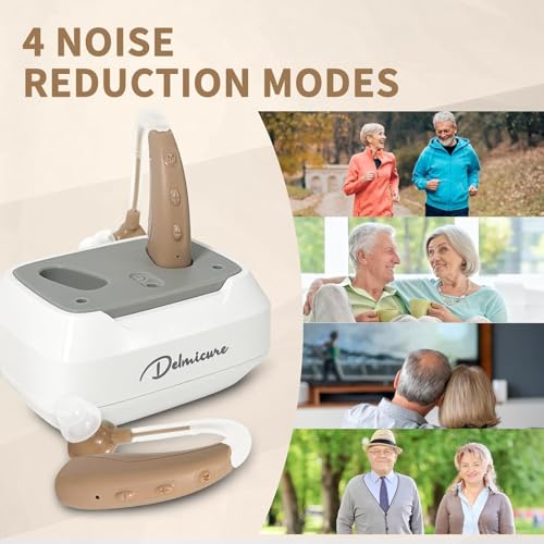 Hearing Aids for Seniors, Rechargeable Hearing Amplifiers for Seniors with Noise Cancelling, Delmicure Hearing Amplifiers for Adults with Adjustable Volume& Charging Base, Brown