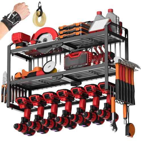Power Tool Organizer Wall Mount, Upgraded 7 Drill Holder Wall Mount, Large 3-tier Cordless Tool Organizer & Storage Rack, Tool Shelf with Screwdriver/Plier/Hammer Holder, Men's Present (Black)