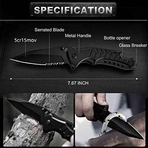 Pocket Knife for Men, Folding Knife with Clip, Tactical Knives with Serrated Blade, Glass Breaker & Bottle Opener, EDC Pocket Tactical Knife for Outdoor Survival Camping, Cool Knifes for Dad
