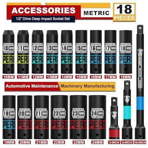18 Piece 1/2" Drive Deep Impact Socket Set, 10mm - 24mm, with Extension Bars:3-inch, 5-inch, 10-inch, Metric, 6-Point, CR-V Steel, Automotive Maintenance, Machinery Manufacturing