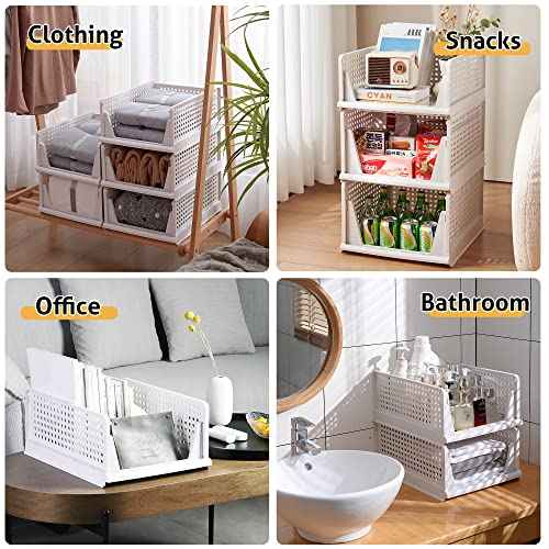 Stackable Plastic Storage Basket-Foldable Closet Organizers and Storage Bins - Drawer Shelf Storage Container for Wardrobe Cupboard Kitchen Bathroom Office (White Small-4 Pack)