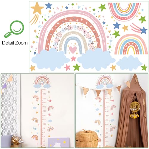 3D Cartoon Height Growth Chart for Kids - Removable DIY Pink Rainbow Wall Decal Peel and Stick Stars and White Clouds Wall Art Decor for Kids Nursery, Bedroom, Bathroom
