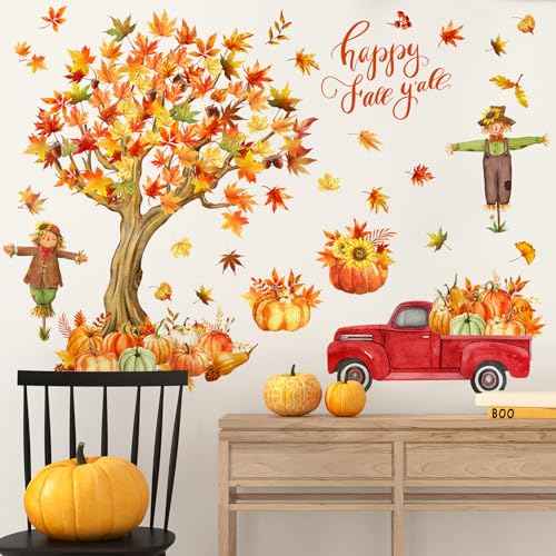 Thanksgiving Fall Wall Decals Autumn Maple Leaves Scarecrow Pumpkin Truck Thanksgiving Removable Sticker Cute Fall Wall Mural Art for Classroom Bedroom Decor