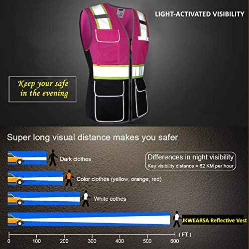 Women Safety Vest, Multi Pockets High Visibility Reflective Breathable Mesh Work Vest For Lady, Durable Zipper