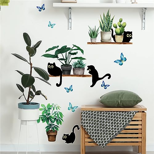 Green Potted Plant Cute Black Kitten Wall Stickers, sacinora Cat Cartoon Animal DIY Wall Decals Removable Vinyl Peel and Stick for Living Room Children's Room Bedroom Kitchen Decorations