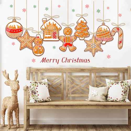 Christmas Gingerbread Wall Decals Removable Vinyl Xmas Wall Stickers Christmas Candy Snowflake Peel and Stick Wallpaper for Winter Holiday Living Room Bedroom Home Office Decor