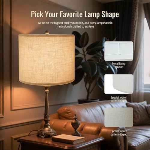 White lamp shades,linen lamp shade,lampshades set of 2 with 2 lamp shade harp,drum lamp shades for table lamps,15" Top X 15" Bottom X 12" H,Spider Fitter, Easy Assembly Required